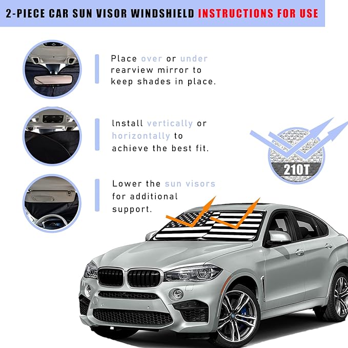 Ziciner 2 PCS Car Windshield Sun Shade, Auto Sun Heat and UV Rays Blocker, 28"×31" Foldable Automotive Front Window Sunshade Protector, Universal Vehicle Interior Accessories (Black Flag-M)