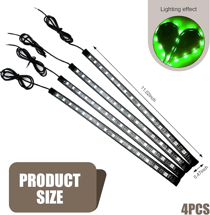 4 PCS Car LED Strip Lights, 5050-15SMD High Brightness Flexible Lamp Strips, IP67 Waterproof 12V DC Bulb with Back-adhesive, Universal Ambient Lighting for Cars Motorcycles Boats (Green)