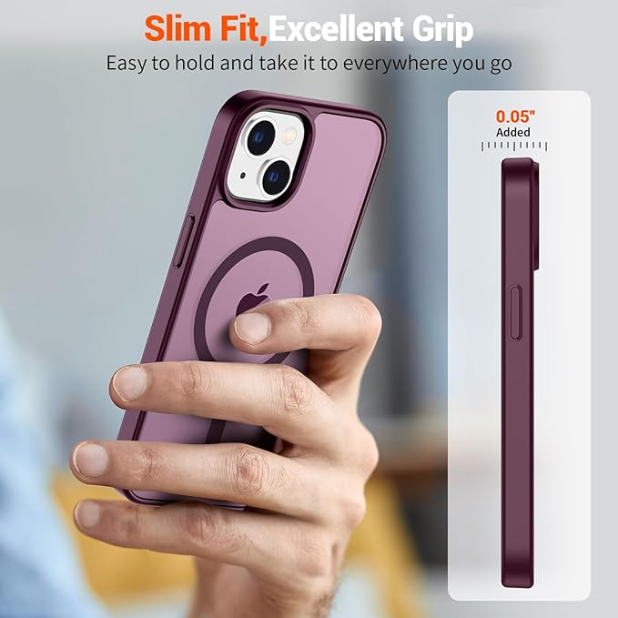 SUPFINE Magnetic for iPhone 15 Plus Case & iPhone 14 Plus Case(Compatible with MagSafe)(Military Grade Drop Protection) Slim Translucent Shockproof Phone Case,Wine Red