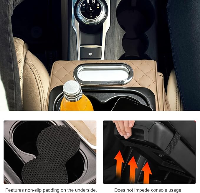 Car Center Console Armrest Pillow, Multifunctional Armrest Box Cover with Cup Phone Tissue Holder & Side Pockets, Waterproof Leather Middle Console Cushion for Most Vehicles (Beige, Embroidered)