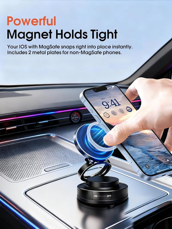 Vacuum Magnetic Car Phone Holder with Strong Magnets, 360° Adjustable Dash Cell Phone Holders, Foldabl Magsafe Car Mount with Vacuum Suction Cup for Cars/Gym/Mirror/Smooth Surface iOS Android, Black