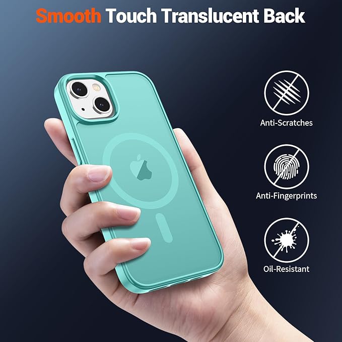 SUPFINE Magnetic for iPhone 15 Case (Compatible with MagSafe) (Military Grade Drop Protection) Slim Translucent Matte Shockproof with Anti-Fingerprint Phone Case, Blue Green