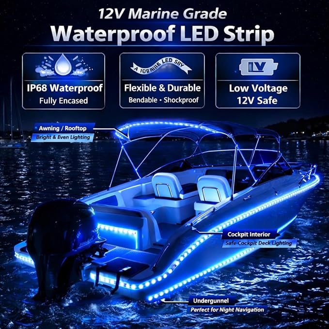12V Marine Boat LED Light Strip Super Bright, 2 Pack 2FT IP68 Fully Waterproof RV Front Cap Lights, Golf Cart Underglow Roof Lights Strip for Truck ATV UTV SUV Car Pickup Trailer, Cuttable, Blue
