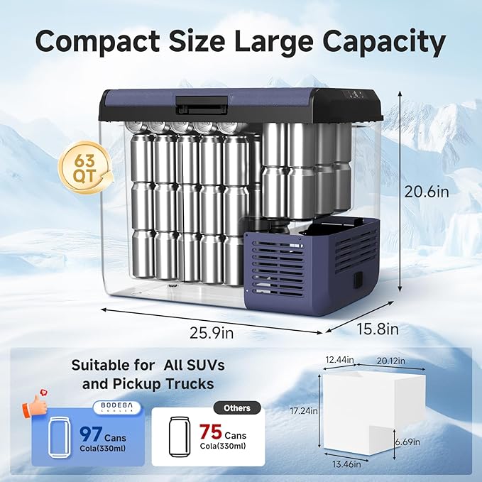 BODEGA COOLER 12v Car Refrigerator, 63QT(60L) IPX4 Waterproof Electric Cooler, APP Control Car Fridge with 12/24V DC 110-240V AC, -4℉~68℉, Portable Freezer for Truck Van RV Camping, Travel,Home