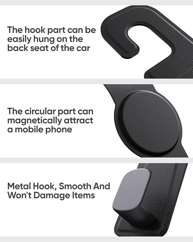 Car Headrest Hook with Swivel Magnet Phone Holder for Magsafe, 2-in-1 Double Hooks Hanger for Purse Bag, 360° Rotating Hands-Free Car Accessories for Handbag Coat Umbrella(1 Pack Black)