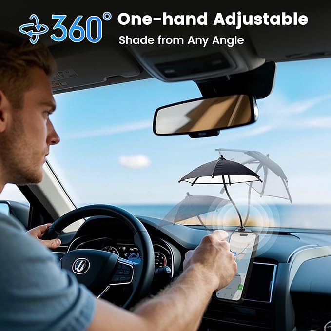 OUTXE Car Phone Umbrella for Sun, Suction Cup Phone Umbrella for iPhone/Android, 360°Adjustable Cellphone Sun Shade for Car Dashboard, Vent