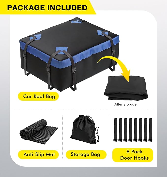 Cyfie Car Rooftop Cargo Carrier Bag, 15 Cubic Feet Waterproof Heavy Duty 420D Oxford Cloth Car Roof Luggage Cargo Storage Bag for All Vehicles with/Without Rack (Black and Blue)