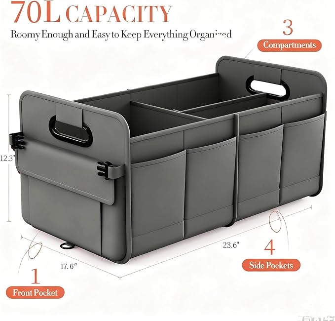 titiyiof Trunk Organizer SUV, Car Organizers and Storage, NOT-FLIMSY ANTI-SLIDE 70L Spacious Collapsible Sturdy Trunk Organizer for Grocery/Car Accessories/Women Men's Gift, Gray
