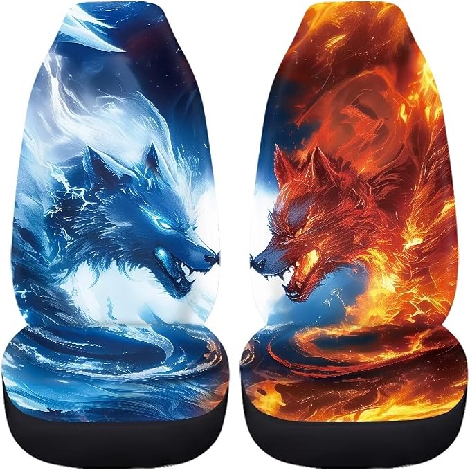 Fire and Ice Wolf Car Front Seat Covers Elastic Fabrics Universal Front Seat Cover Removable Automotive Accessories Easy Installation Suitable for Cars SUV
