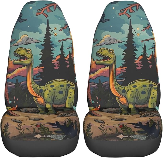 Delerain Car Seat Covers Set 2Pcs, Dinosaur Happy Camping Universal Front Car Seats Vehicle Enterior Protector Suitable Fits Most Car Auto SUV Sedan Truck