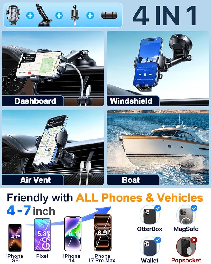 YRU True Military-Grade [360° Rotation Suction] 2026 Ultimate Car Phone Holder Mount 【90+LBS Safest Strongest & Patent Certs】 Dashboard Windshield Vent for iPhone 17 16 Pro Max Samsung