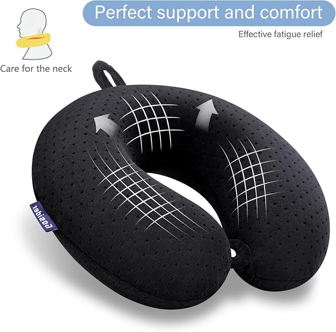 Black Travel Neck Pillow Memory Foam Airplane Pillow for Neck and Head Support Soft Portable U Shape Neck Pillow for Plane, Car & Home Office Use