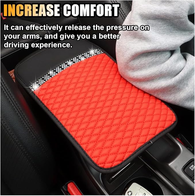 Bling Leather Car Armrest Seat Box Cover, Car Console Armrest Cover with Crystal Rhinestones, Anti-Scratch Waterproof Auto Center Console Protector Cushion Pad for Car SUV Truck (Red)