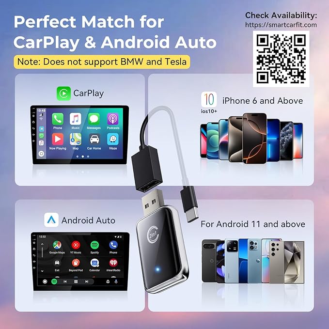 Wireless Carplay Adapter for iPhone, Convert Wired Car play to Wireless, 2 in 1 Plug and Play Mini CarPlay and Android Auto Adapter for iOS 10 Android 11 and Above, Cars with Built-in Carplay (Silver)