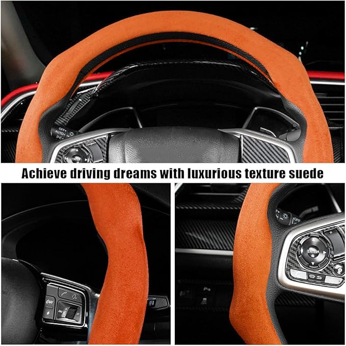 Mandark Car Steering Wheel Cover, Suede Sport Vehicle Steer Wheel Protector Fitting 15 Inch, Non-Slip Comfortable Automotive Interior Decoration Accessories, Universal for Most Cars (Orange)