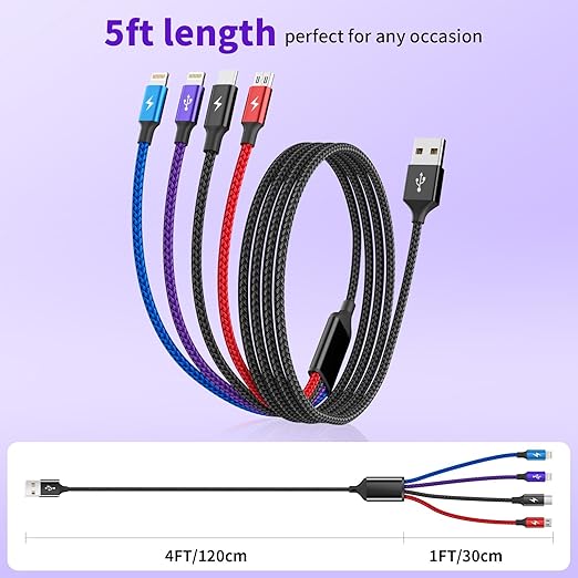 Multi Charging Cable [2Pack 5FT],Nylon Dual IP 4 in 1 Charging Cable, Multiple Charger Cord with IP/IP/Type C/Micro Port, Compatible with Most Cell Phones/Tablets and More