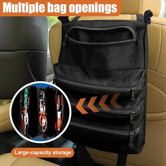 YoRise Car Seat Organizer, Oxford Cloth Roll Up Tool Bag With 5 Zipper Pockets, Hanging Back Seat Car Organizer, Portable Waterproof Vehicle Storage Accessories for Cars, Trucks, SUVs (Black)