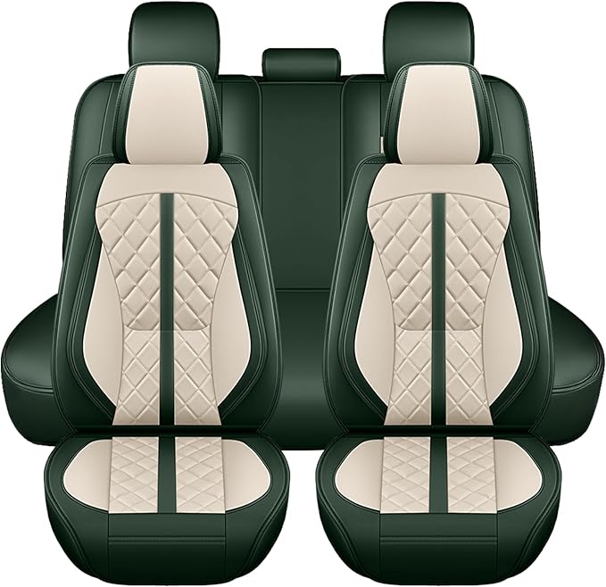 otoez Green Car Seat Covers Full Set, Universal Nappa Leather Seat Cover 5 Seat Waterproof & Breathable Automotive Seat Protector Full Coverage for Cars Sedens, Trucks, SUVs, Vans (White & Green)