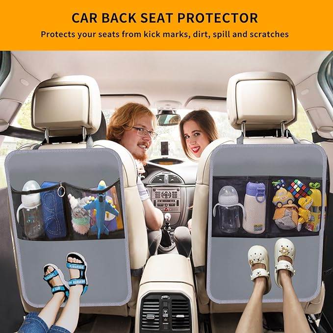 2 Pack Kick Mat Backseat Protector,Back Seat Cover for Kids,Car Seat Back Protectors with 2 Pocket Storage Organizer for Car, SUV, Minivan or Truck Seats (Grey)