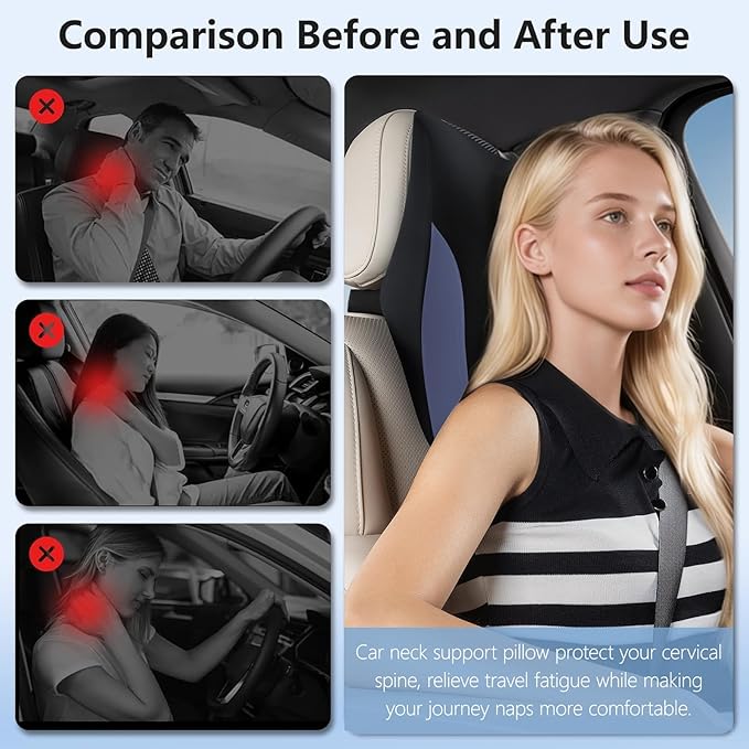 BABUR Car Headrest Pillow | Ergonomic Memory Foam Neck Shoulder Support Pillow with Adjustable Design & Enlarged Surface | Pain Relief for Driving Travel Sleeping | Blue 1 Pack