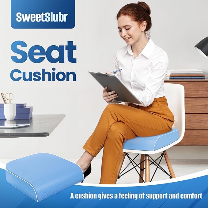 Seat Cushion for Tailbone Pain Relief, Office Chair Cushion, Memory Foam Large Chair Cushion with Non-Slip Cover for Soft Support at Office Chair, Car Seat, Airplane Light Blue/Large