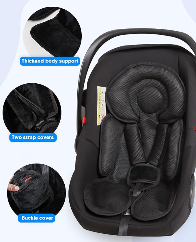 Infant Car Seat Insert for Newborn Girls Boys, 3 in 1 Reversible Cushion for Carseat with Strap Pads Buckle Cover Extra Soft Carseat Support Pad for All Season, Black