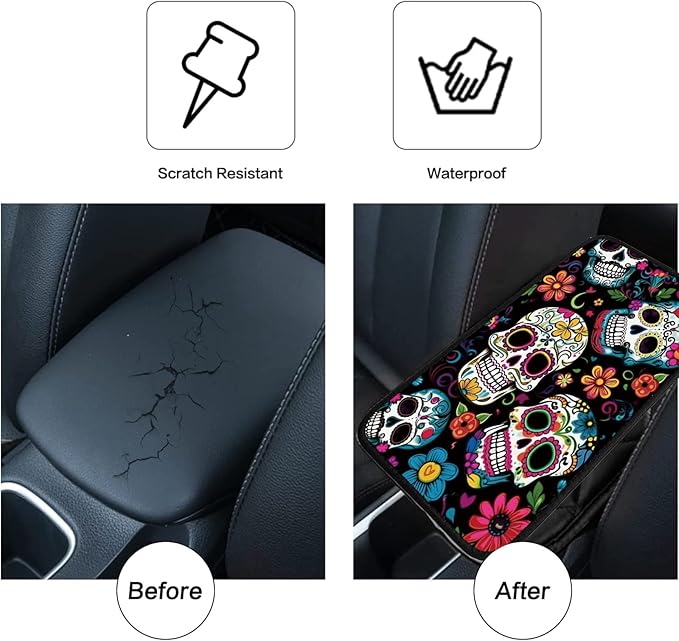 Car Armrest Cover Pads Universal Fashion Cute Auto Center Console Armrest Cover Pad with 2PCS Car Coasters Soft Waterproof Car Armrest Seat Protector for Women Girls, Colorful Skulls