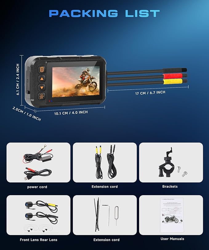 Dual Channel Dash Cam for Motorcycle, 3" HD IPS Screen, 720P Front and 480P Rear, Parking Monitoring, G-Sensor, Motion Sensing, Loop Recording, IP67 & HDR, for All Motorcycles