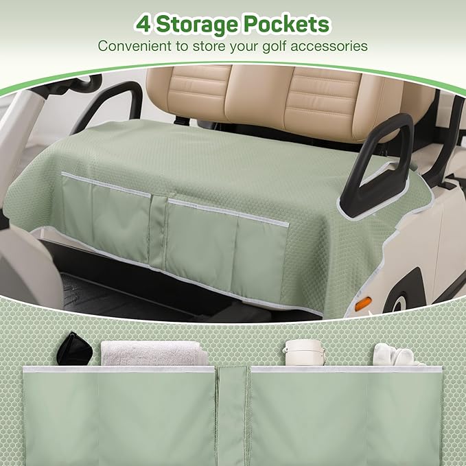 MoKo Golf Cart Seat Covers, Universal Golf Cart Seat Towel Blanket for EZGO,Yamaha,Club Car and More 2-Seat Carts with 4 Front Pockets, Universal Golf Accessories, Non-Slip Easy to Clean, Green