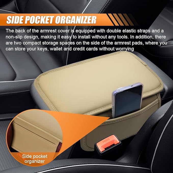 Car Center Console Cover, Leather Waterproof Auto Arm Rest Pad with Storage Bag, Scratch Resistant Middle Console Protector, Comfortable Vehicle Interior Accessories for Sedan SUV (Beige)