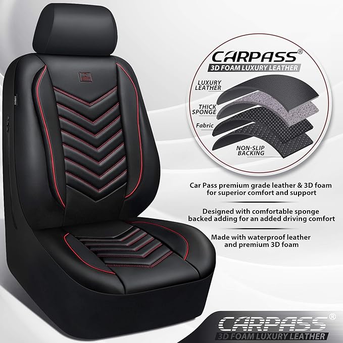 CAR PASS 3D Foam Faux Leather Car Seat Covers Front Seats,Waterproof Leather Front Seat Cover for Car,Universal Fit for SUV Truck Sedan Automotive,Armrest Airbag Compatible Anti-Slip, Black and Red