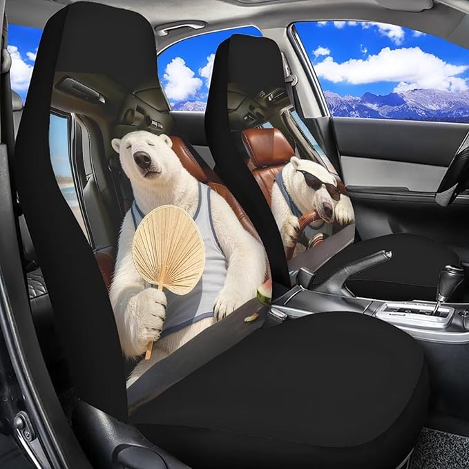 Funny Car Seat Covers 2 Pcs Automobile Front Seat Covers Polar Bear Breathable Protection Interior Accessories Anti-Slip Back Fabric Compatible with Most Cars,SUV,Sedan
