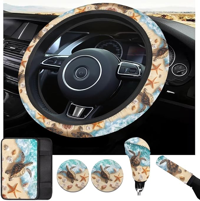 Sea Turtle Print Car Accessories for Men Women Cute Car Steering Wheel Cover Set 6 Pcs Handbrake Gear Cover Cup Coaster Suit for Most Cars Truck Vans SUV