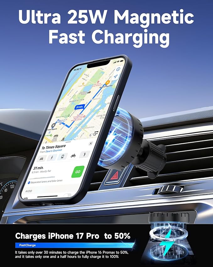 Qylastic Qi2.2 Certified 25W for MagSafe Car Charger & Holder with Air-Cooling Tech, Magnetic Wireless Charger Mount for iPhone 17/16/15/14/13/12, Fits Samsung Galaxy S25