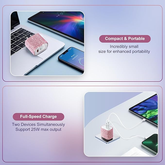 Aolcev for iPhone Charger Fast Charging Bling 2 in 1 USB A USB C Charger Block 25W Type C Fast Charging Blocks for iPhone 17 16 15 14 13 iPad Bling USB C Adapter for Galaxy S26 S25 Rhinestones Pink