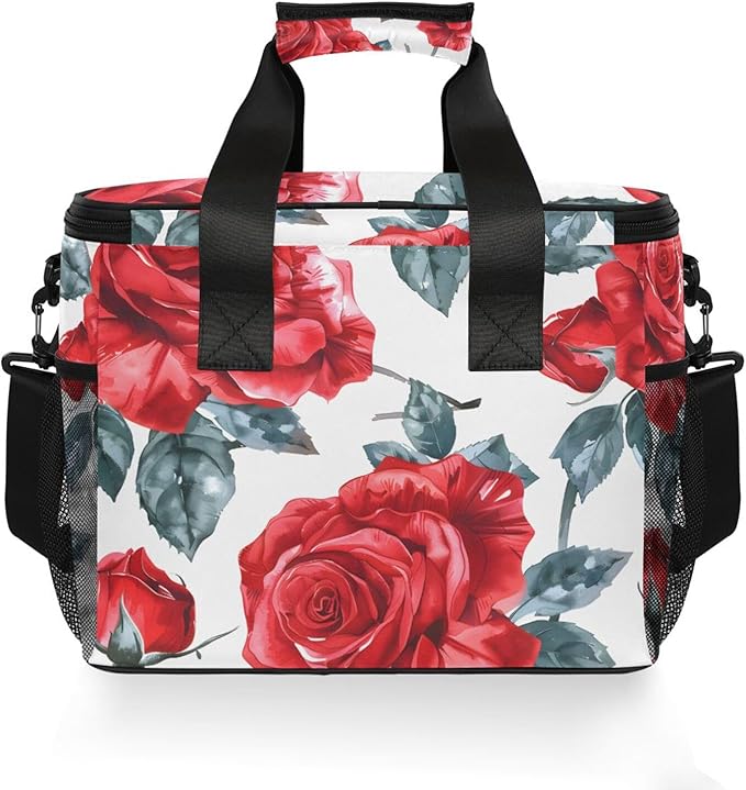 Red Rose Flower Cooler Bag Insulated Cooler Soft Sided Cooler 24 Can Portable Picnic Bag Large Leakproof Lunch Bag Box for Beach Grocery Camping Travel Car Men Women