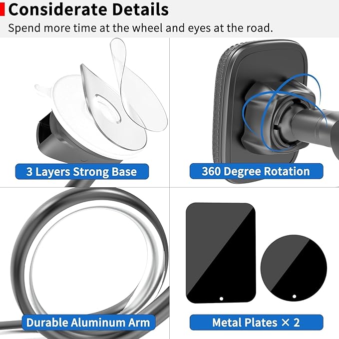APPS2Car Magnetic Phone Holder for Car, 14-Inch Anti-Shake Windshield Phone Mount for Truck [Flexible Long Arm], Gooseneck Cell Phone Car Mount [6 Strong Magnets] Fit for iPhone & Android Smartphones