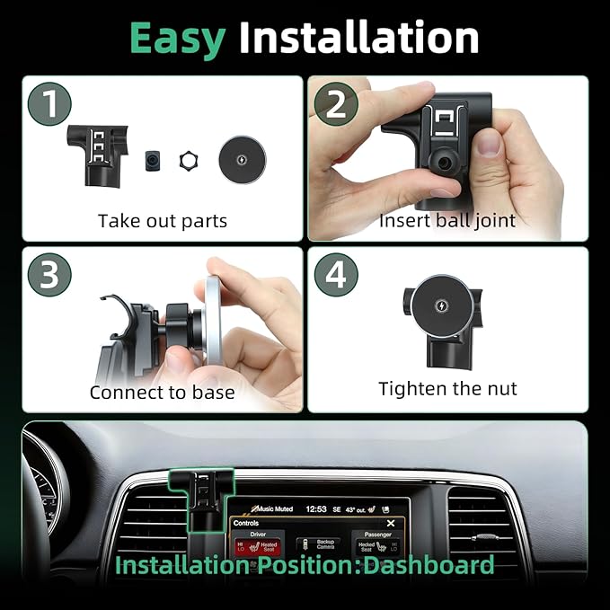 Phone Mount for Jeep Grand Cherokee (2014-2017 2018), Magnetic Phone Holder, Magsafe Car Mount Charger, Dashboard Phone Holder, 15W Wireless Fast Charging for iPhone, Samsung & Google, Car Accessories