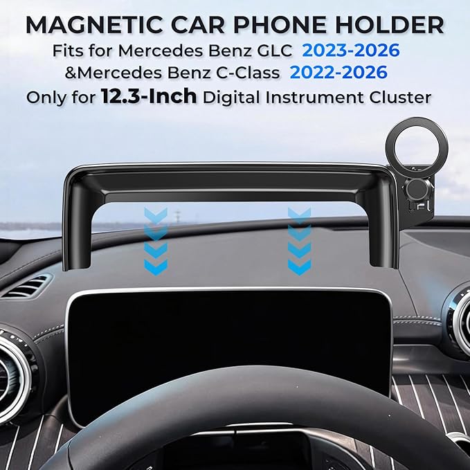 Car Phone Holder for Mercedes Benz GLC 2023-2026 & C-Class 2022-2026 (Only for 12.3-Inch Screen) 360° Rotation Magnetic Cell Phone Mount, Compatible with Magsafe, Does Not Affect Air Vent