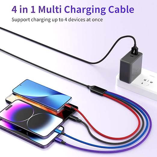 Dual IP 4 in 1 Multi Charging Cable [1Pack 5FT], Nylon Phone Charger USB Cable, Travel Charging Cords with IP/IP/Type C/Micro Port, Compatible with Most Cell Phones/Tablets and More