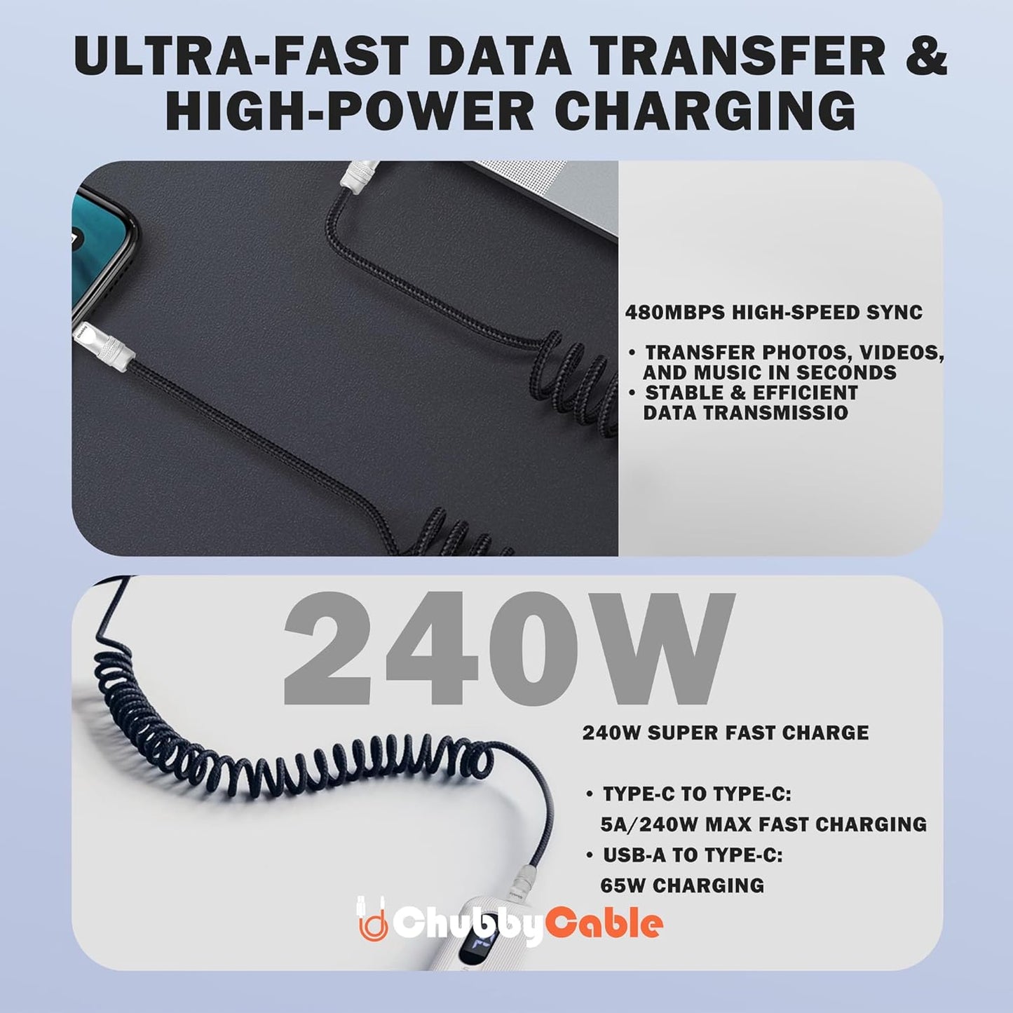 chubbycable Curly Chubby - Retractable Fast Charging Cable 240W Coiled Charger Cord for Car Durable USB-C Cable for Phones, Tablets and More, Orange+Orange, Type-C to Type-C, 1.3FT-2.3FT