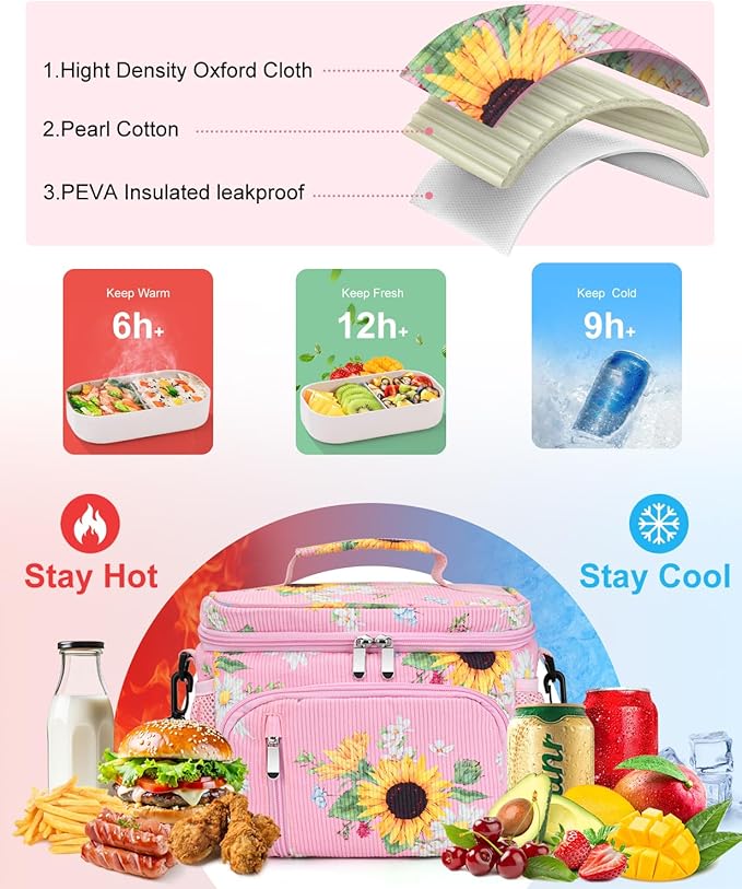 Insulated Lunch Bag for Men & Women, 9L Leakproof Lunch Box Soft Cooler Tote with 5 Pockets, 600D Oxford, EVA Lining, Adjustable Strap for Work, Picnic, Beach&Travel-Corduroy Sunflower Daisy