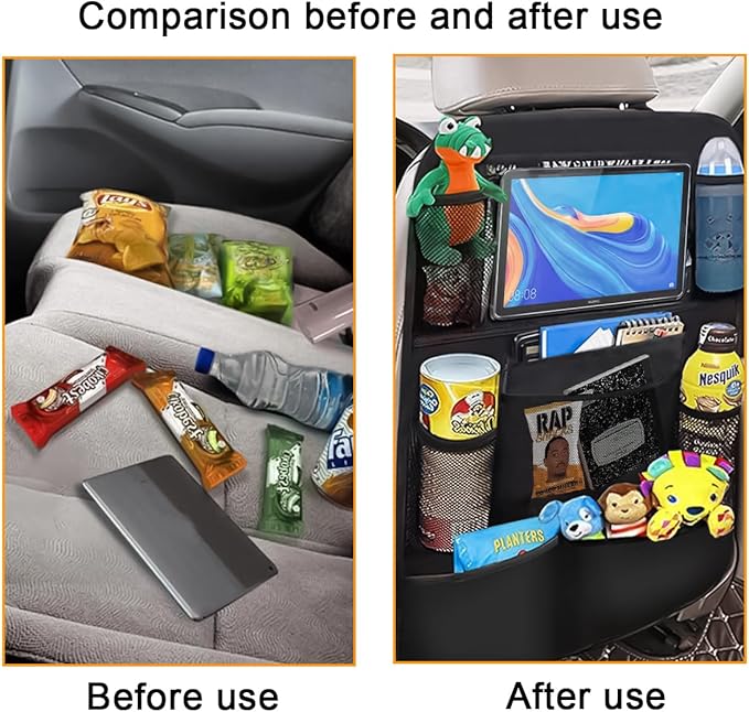 2PCS Car Seat Back Organizer, Waterproof Vehicle Storage Bag with Touch Screen Tablet Holder & 9 Pockets, Auto Kick Mats Back Seat Protector for Kids, Universal Travel Accessories (Gray/Large)