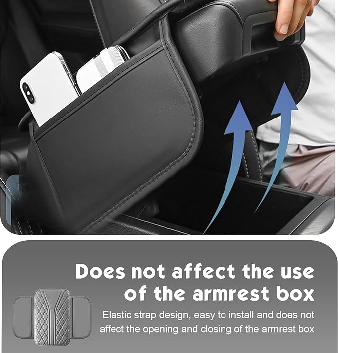 Car Center Console Cover, Leather Automotive Armrest Cushion with 2 Storage Bags, Breathable Armrest Cover, Universal Waterproof Arm Rest Protection Pad for SUV, Sedan, Truck (Gray)