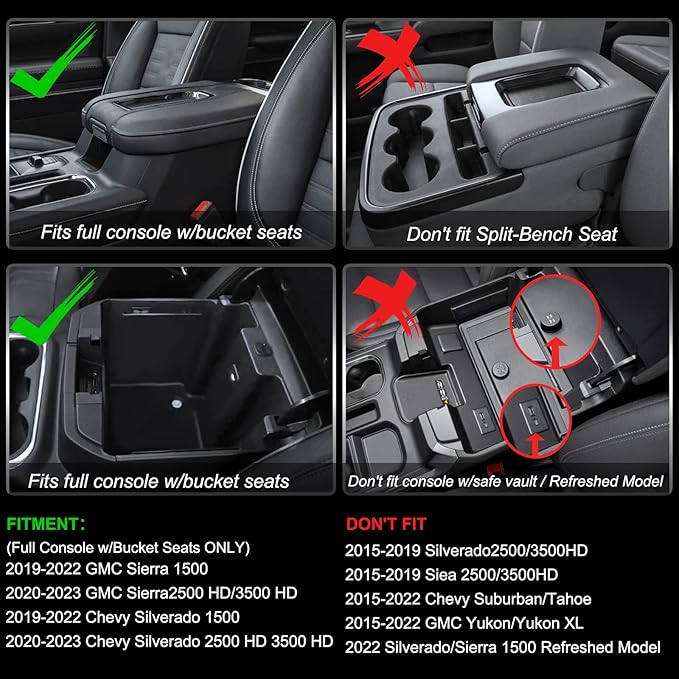 Center Console Organizer Compatible with 2019-2022 GMC Sierra/Chevy Silverado 1500 and 2020 2021-2023 Sierra/Silverado 2500HD/3500HD Accessories, Armrest Tray (Full Console w/Bucket Seats ONLY)