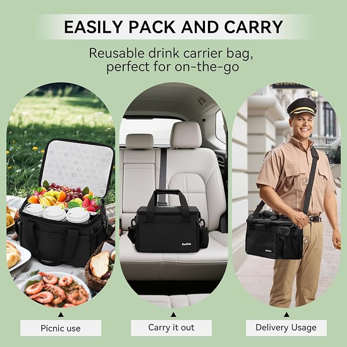 6 Cups Drink Carrier for Delivery, Reusable Cup Holder with Handle, Insulated Collapsible Drink Carrier, Adjustable Dividers, Shoulder Strap, Portable Cooler Tote Bag for Delivery, Travel, Car (Black)