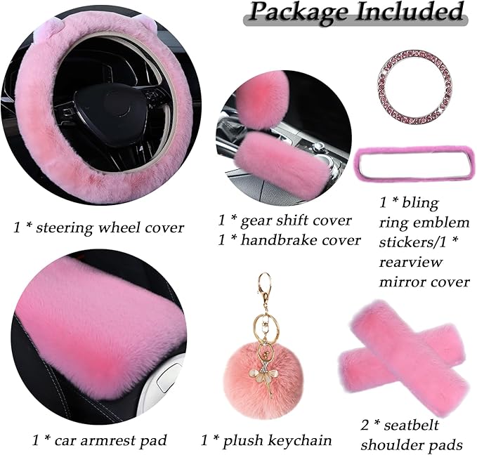 ZYNQACC 9 Pack Cute Bear Fluffy Car Accessories for Women Girls,Kawaii Fuzzy Steering Wheel Cover Universal 15 inch Plush Cute Ears (Pink)