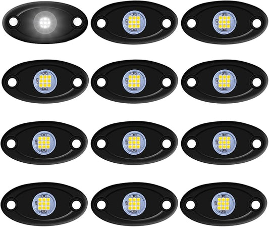 12 Pods LED Rock Lights Neon Underglow Light for Car Truck ATV SUV Under Body Glow Light Trail Fender Lighting (White)