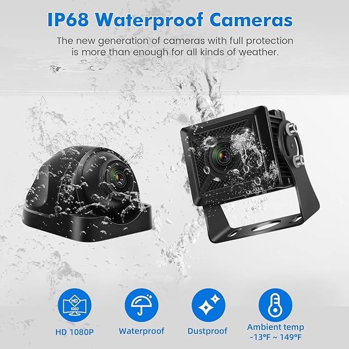 Wired Backup Camera System with 10.1" Touch Monitor, 4 HD 1080P Rear View& Side View Cameras, 4 Split Screen, Night Vision, IP68 Waterproof Back up Camera for Truck/RV/Trailer/Bus/Tractor..
