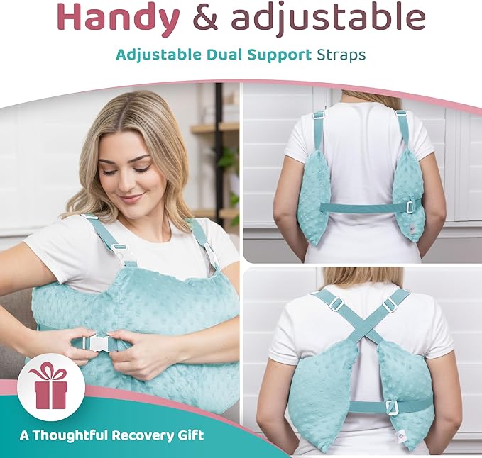 Zomaple Mastectomy Recovery Pillow with Strap, Swirly Gel Pack, Seat Belt Cover & Shower Lan – Post Mastectomy Must Haves, Breast Augmentation/Reduction & Mastectomy Recovery Supplies – Washable Cover